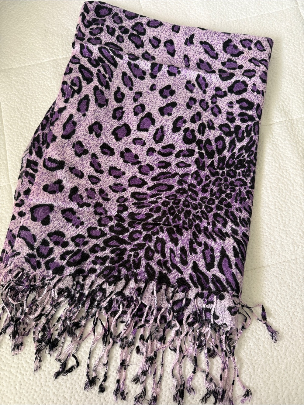 Purple Leopard Print Fringe Scarf